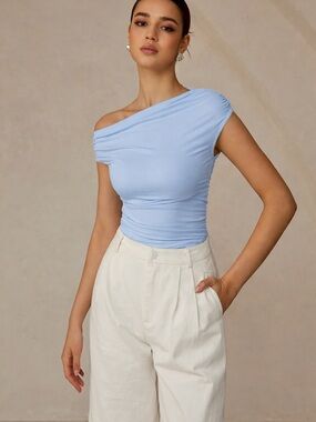Commense Light Blue One-Shoulder Ruched Camisole